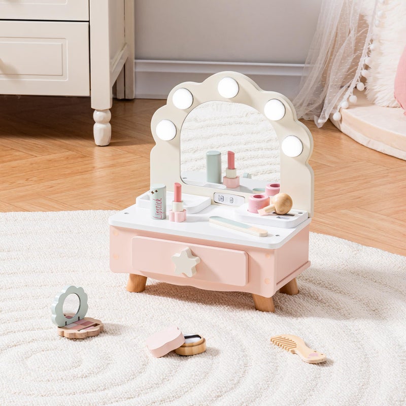 ROBOTIME Toddler Vanity Makeup Table Toy with Mirror Light Wooden Kids Makeup Vanity Set Dressing Table with Accessories and Lights Pretend Makeup Set for Little Girls - Image 2