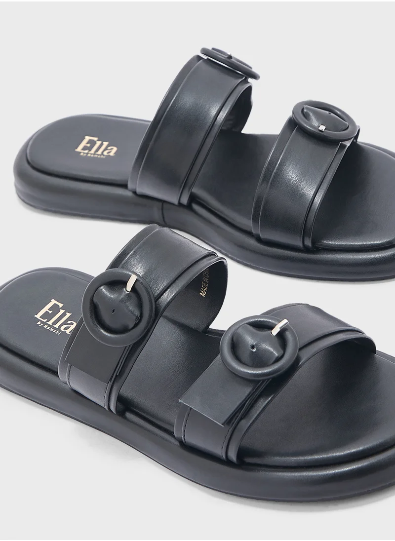 ELLA Round Buckle Double Strap Flat Sandal