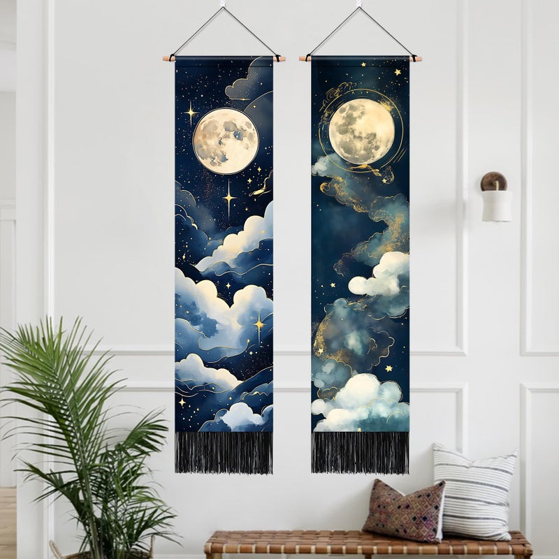 AOHMPT Pack of 2 Long Vertical Tapestry,Nature Landscape Tapestry with Serene Mountain River, Moon & Sun Motifs,Traditional Ink Painting Wall Art , Zen Aesthetic Wall Hanging for Living Room Bedroom Decor 13" W x 51" H" - Image 2