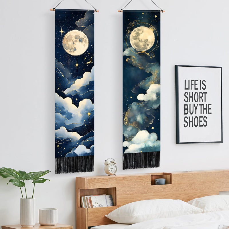 AOHMPT Pack of 2 Long Vertical Tapestry,Nature Landscape Tapestry with Serene Mountain River, Moon & Sun Motifs,Traditional Ink Painting Wall Art , Zen Aesthetic Wall Hanging for Living Room Bedroom Decor 13" W x 51" H" - Image 3