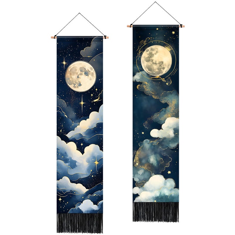 AOHMPT Pack of 2 Long Vertical Tapestry,Nature Landscape Tapestry with Serene Mountain River, Moon & Sun Motifs,Traditional Ink Painting Wall Art , Zen Aesthetic Wall Hanging for Living Room Bedroom Decor 13" W x 51" H" - Image 1
