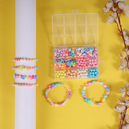 ambitieux 12-Partition Kit for Kids & Girls | 400+ Pastel 8mm & Designer Shape Beads | Bracelet & Jewellery Making Kit with Elastic Thread & 8 Cute Charms | DIY Craft Box for Gifts - Image 3