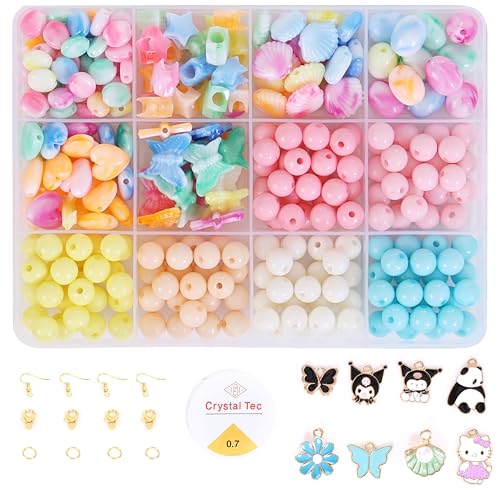 ambitieux 12-Partition Kit for Kids & Girls | 400+ Pastel 8mm & Designer Shape Beads | Bracelet & Jewellery Making Kit with Elastic Thread & 8 Cute Charms | DIY Craft Box for Gifts - Image 1