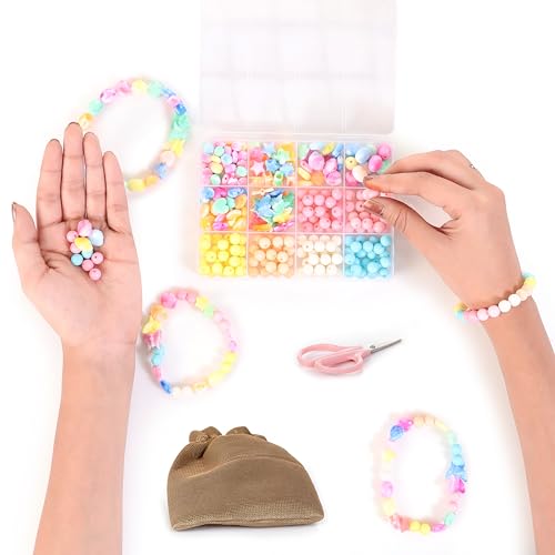ambitieux 12-Partition Kit for Kids & Girls | 400+ Pastel 8mm & Designer Shape Beads | Bracelet & Jewellery Making Kit with Elastic Thread & 8 Cute Charms | DIY Craft Box for Gifts - Image 4