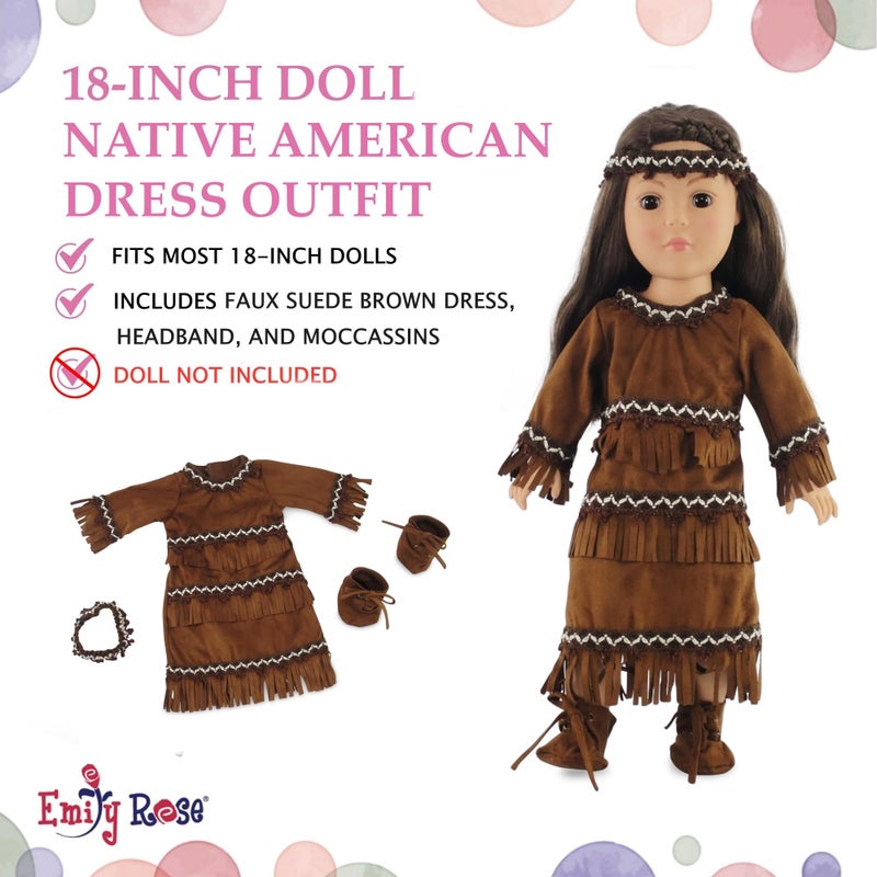 Emily Rose 18 Inch Doll Clothes 3-PC Native American Outfit Halloween Costume for - Set Includes Shoes and Accessories | Fits Most 18-in Dolls | Doll Not Included | USA Business - Image 3