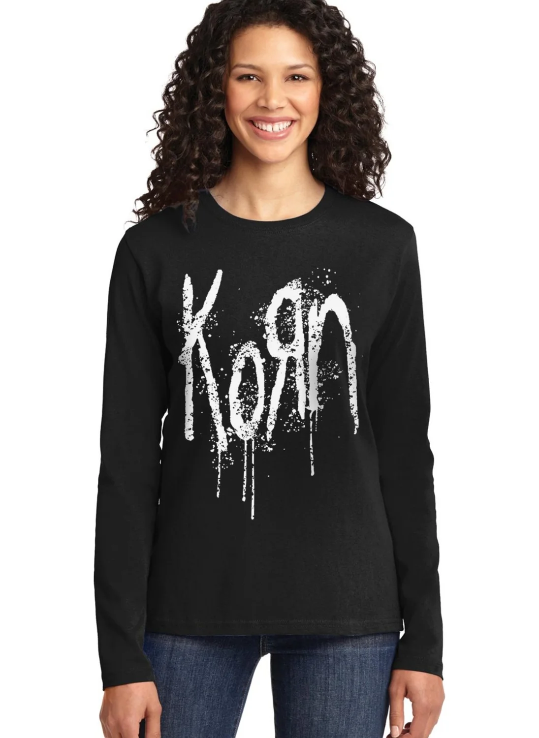 روك اند رول Korn Black Long Sleeve Women's Combed Cotton T-Shirt