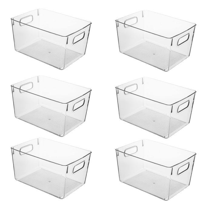 CLEAR PLASTIC STORAGE BINS FOR FRIDGE CUPBOARD PANTRY AND KITCHEN VERSATILE KITCHEN STORAGE ORGANISER FOR FOOD FRUIT VEGETABLE CLEANING PRODUCTS AND CLOTHING STORAGE 6PACK