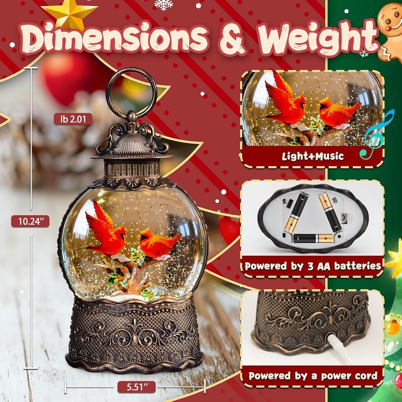 SUNFACE Store Christmas Snow Globes Lantern, 2 Red Birds Christmas Decorations Indoor, 6H Timer Battery & USB Powered Light Up Musical Snow Globes for Kids Women Adults Gift Thanksgiving Home Decor - Image 3