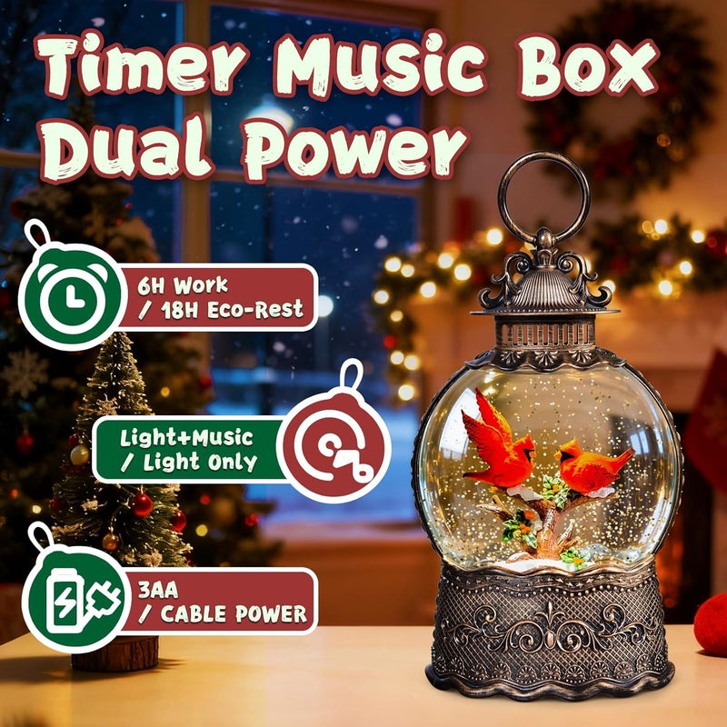 SUNFACE Store Christmas Snow Globes Lantern, 2 Red Birds Christmas Decorations Indoor, 6H Timer Battery & USB Powered Light Up Musical Snow Globes for Kids Women Adults Gift Thanksgiving Home Decor - Image 4