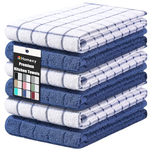 Homaxy Premium Cotton Kitchen Towels 16x 28 Large Natural Ring Spun 390 GSM Dish Towels Super Absorbent Terry Kitchen Hand Towels Soft Tea Towels with Hanging Loop Navy Blue Check Design 6 Pack - Image 1