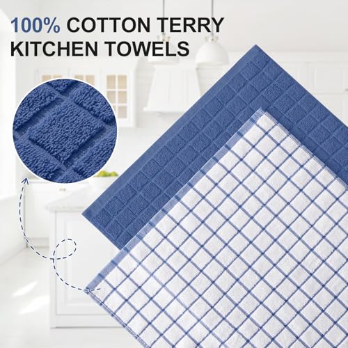 Homaxy Premium Cotton Kitchen Towels 16x 28 Large Natural Ring Spun 390 GSM Dish Towels Super Absorbent Terry Kitchen Hand Towels Soft Tea Towels with Hanging Loop Navy Blue Check Design 6 Pack - Image 3
