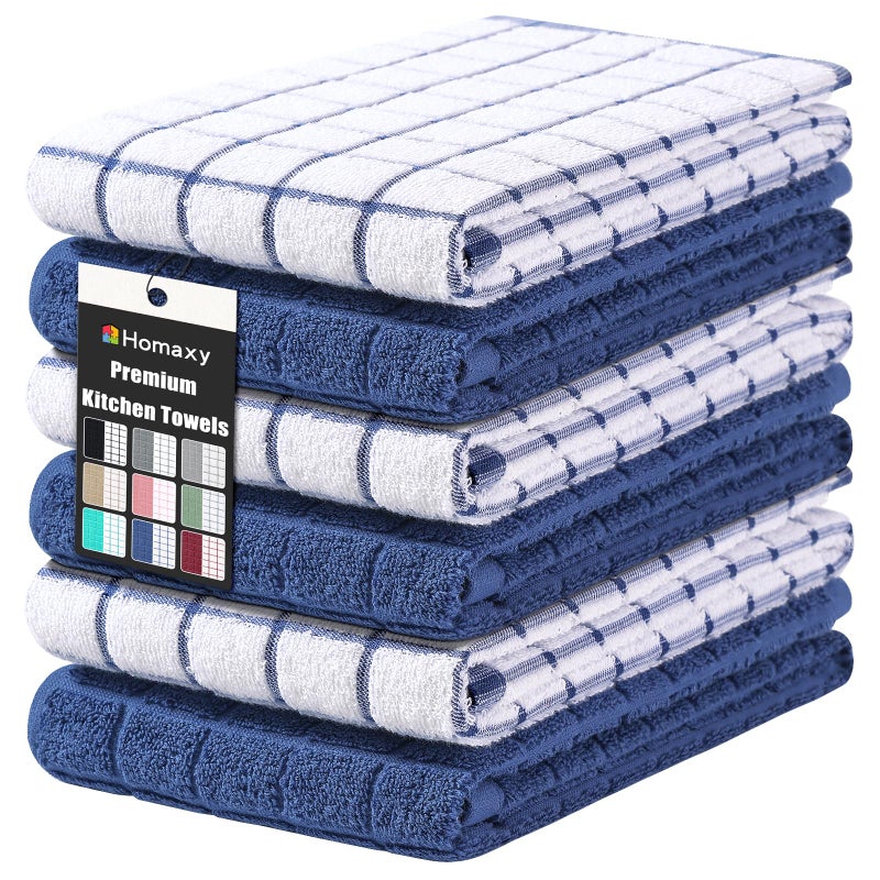 Homaxy Premium Cotton Kitchen Towels 16x 28 Large Natural Ring Spun 390 GSM Dish Towels Super Absorbent Terry Kitchen Hand Towels Soft Tea Towels with Hanging Loop Navy Blue Check Design 6 Pack - Image 2