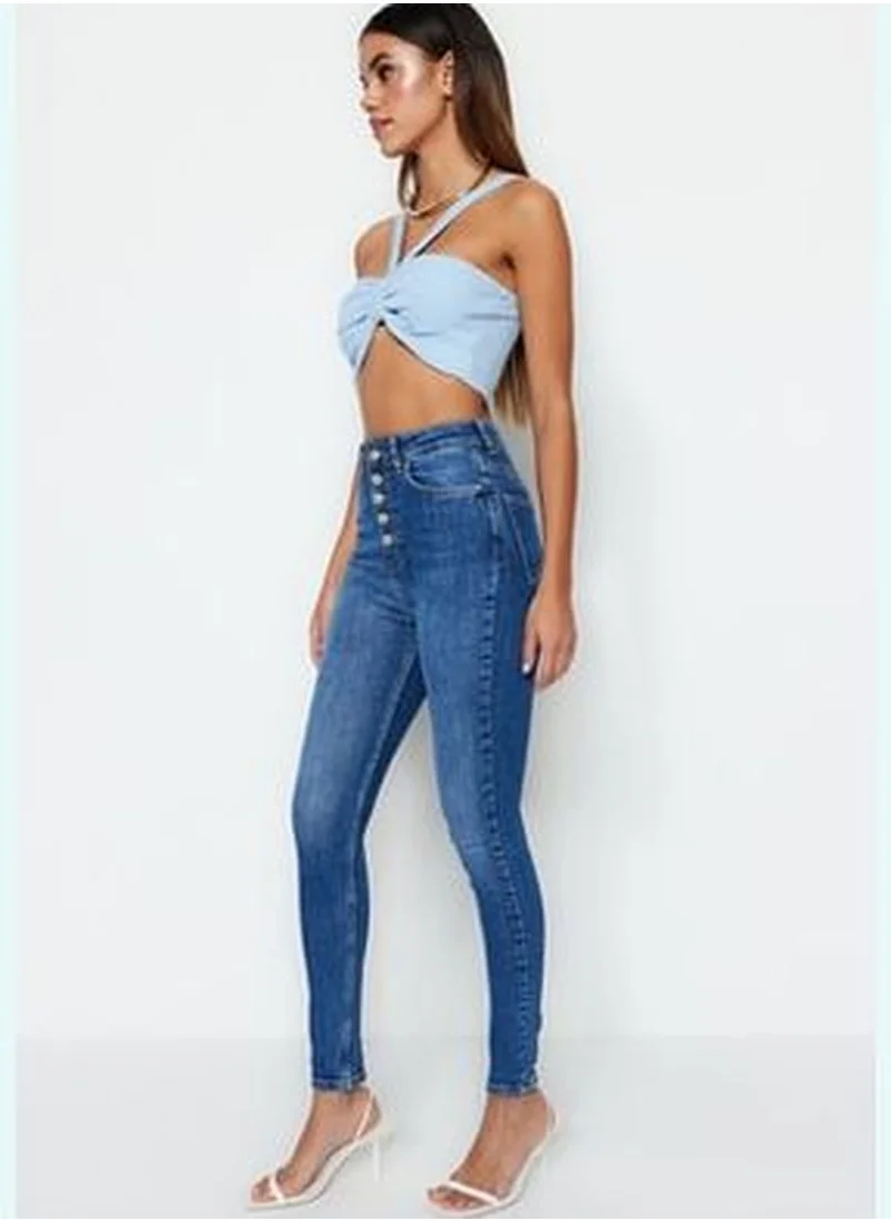 trendyol Dark Blue High Waist Skinny Jeans With Buttons In The Front TWOSS23JE00077