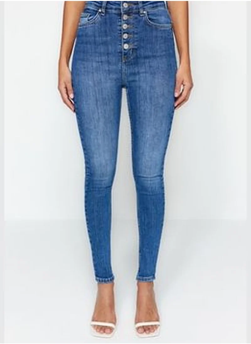 trendyol Dark Blue High Waist Skinny Jeans With Buttons In The Front TWOSS23JE00077