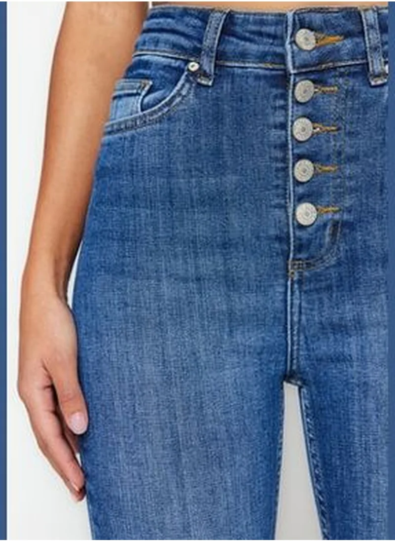 trendyol Dark Blue High Waist Skinny Jeans With Buttons In The Front TWOSS23JE00077