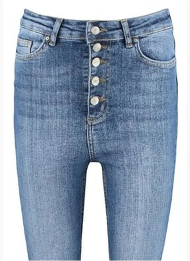 trendyol Dark Blue High Waist Skinny Jeans With Buttons In The Front TWOSS23JE00077