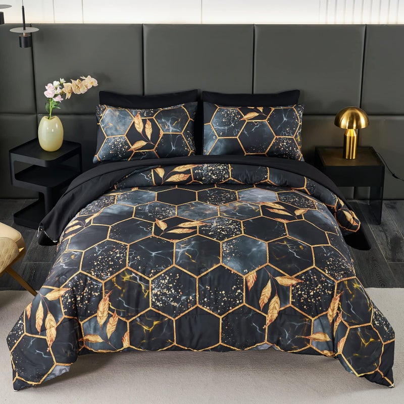 ANGIYUIN Geometric Black Queen Comforter Set, 7 Pieces Modern Foil Print Decor Gold Trim Bed in A Bag, Ultra Soft Lightweight Duvet Insert for All Season (Black Queen) - Image 1
