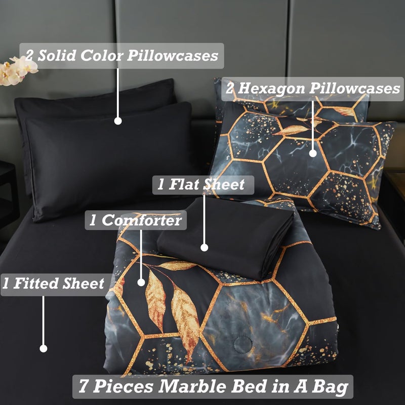 ANGIYUIN Geometric Black Queen Comforter Set, 7 Pieces Modern Foil Print Decor Gold Trim Bed in A Bag, Ultra Soft Lightweight Duvet Insert for All Season (Black Queen) - Image 3