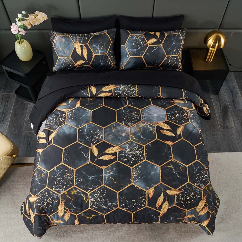 ANGIYUIN Geometric Black Queen Comforter Set, 7 Pieces Modern Foil Print Decor Gold Trim Bed in A Bag, Ultra Soft Lightweight Duvet Insert for All Season (Black Queen) - Image 2