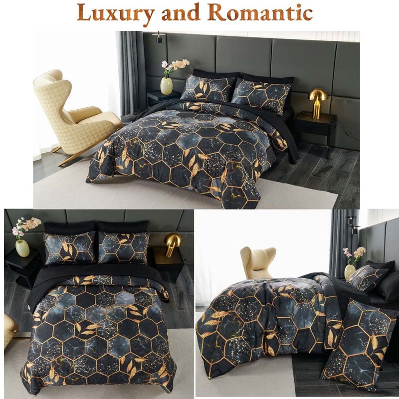 ANGIYUIN Geometric Black Queen Comforter Set, 7 Pieces Modern Foil Print Decor Gold Trim Bed in A Bag, Ultra Soft Lightweight Duvet Insert for All Season (Black Queen) - Image 4
