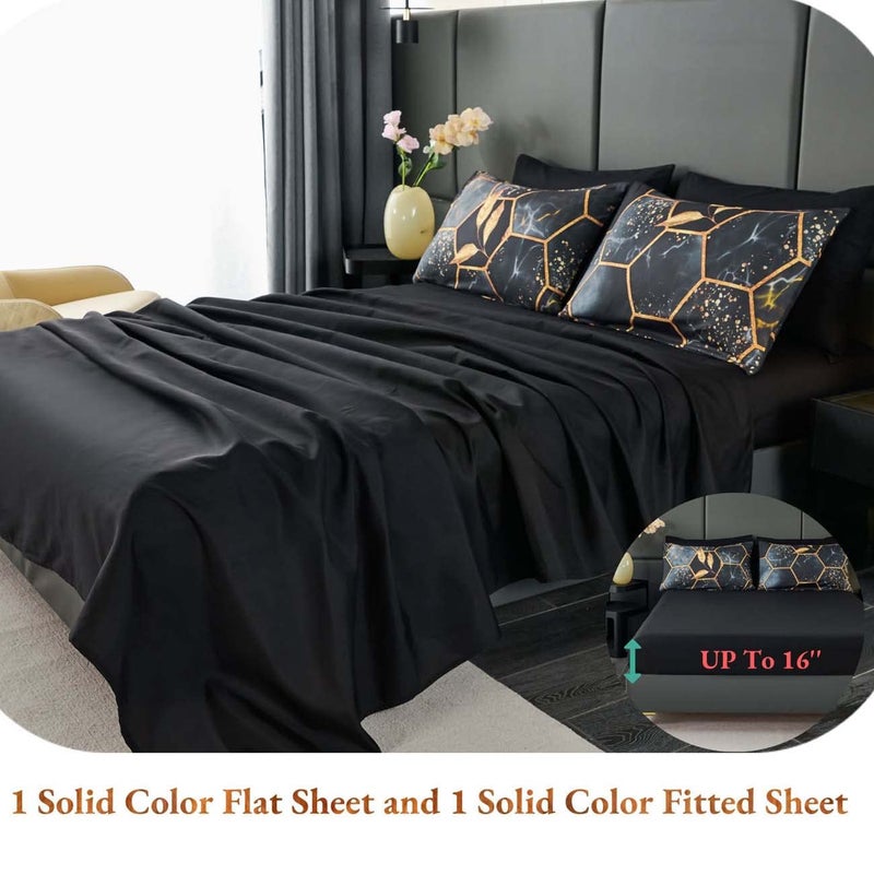 ANGIYUIN Geometric Black Queen Comforter Set, 7 Pieces Modern Foil Print Decor Gold Trim Bed in A Bag, Ultra Soft Lightweight Duvet Insert for All Season (Black Queen) - Image 5