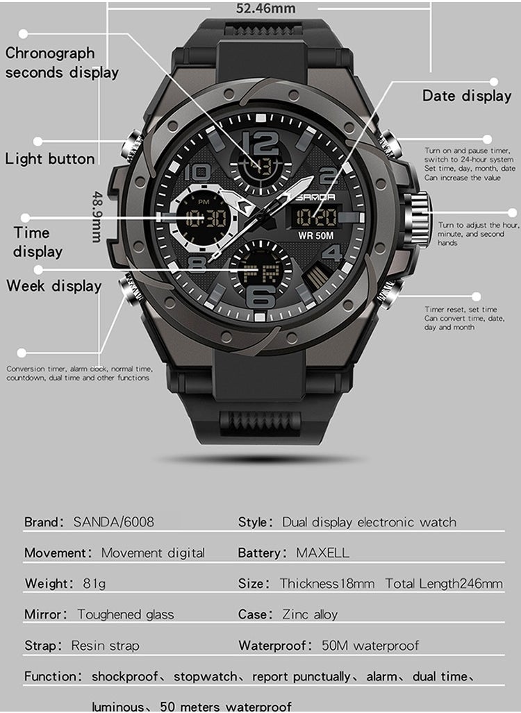 Sanda - SANDA Waterproof Swimming Military Watch Men Sports Watches Dual Display Analog Digital LED Electronic Quartz Wristwatches - Image 1