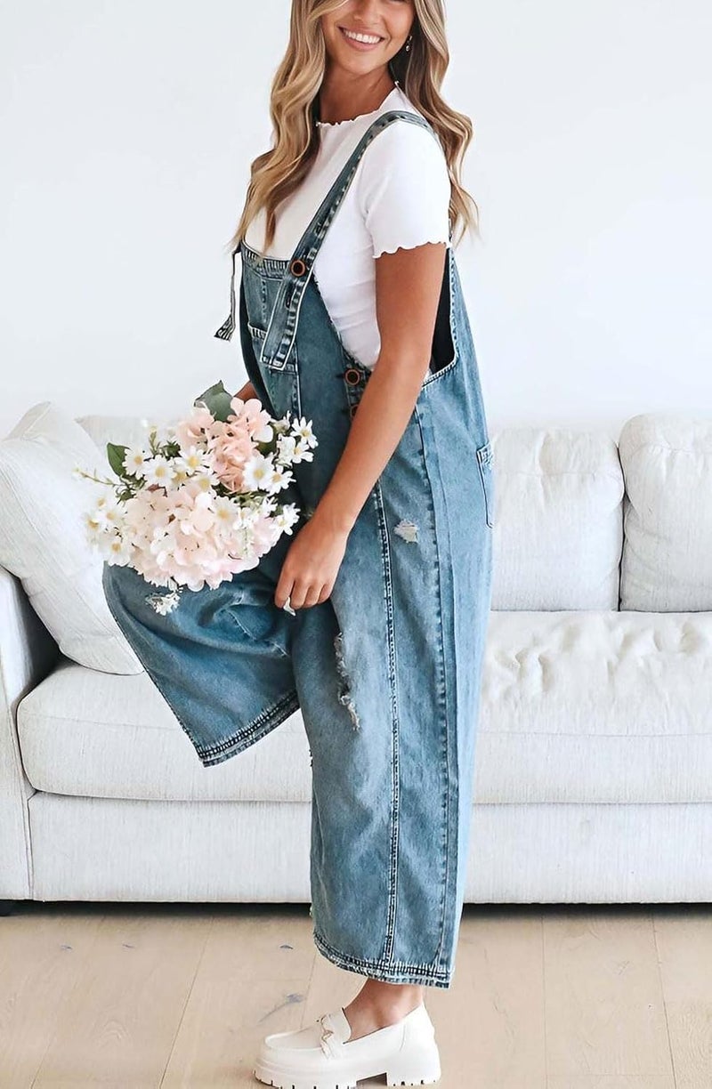 yoeasy Womens Denim Bib Overall Wide Leg Baggy Jeans Adjustable Strap Distressed Casual Loose Overalls Jumpsuit (Medium, Blue) - Image 1