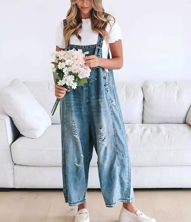 yoeasy Womens Denim Bib Overall Wide Leg Baggy Jeans Adjustable Strap Distressed Casual Loose Overalls Jumpsuit (Medium, Blue) - Image 4