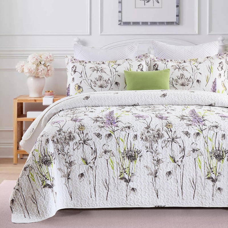 KALOOLA Floral Quilt Set Queen Size 100 Cotton Lightweight Botanical Quilted Bedspread with 2 Shams 3 Pieces Farmhouse Lavender Flower Butterfly Reversible Bedding Coverlet for All Season