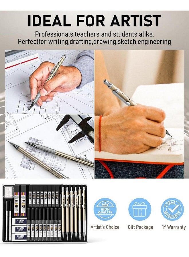 Nicpro 34Pcs Art Mechanical Pencil Set, Metal Drafting Pencil 0.3 Mm & 0.5 Mm & 0.7 Mm & 0.9 Mm & 2Pcs 2Mm Lead Holder (6B 4B 2B Hb 2H 4H Colors) For Sketching Drawing With 19 Tube Lead Refills Case - Image 3