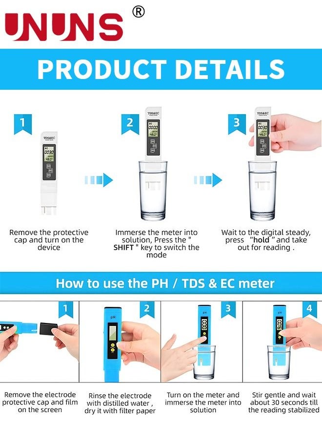 UNUNS Water Quality Tester,Digital PH Meter And TDS Meter Combo Kit,Water Quality Tester,Auto Calibration,Ideal Kit For Aquarium,Swimming Pool,Drinking Water  - Image 4
