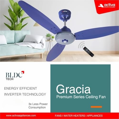 ACTIVA Gracia 1200mm Ceiling Fan with LED Light | 5 Star Energy Saving BLDC Motor | Remote Control, Reversible Mode & Timer | 3 Blade High Speed Ceiling Fan | 4 Year Warranty | Sparkle Blue - Image 4