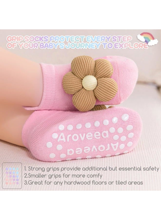 Aroveea Baby Toddler Socks Grip Non Slip Boys Girls Cotton 6 Pack for Kids Ankle Cute Socks 0M-3Years, Flowers, 0-6 Months - Image 5