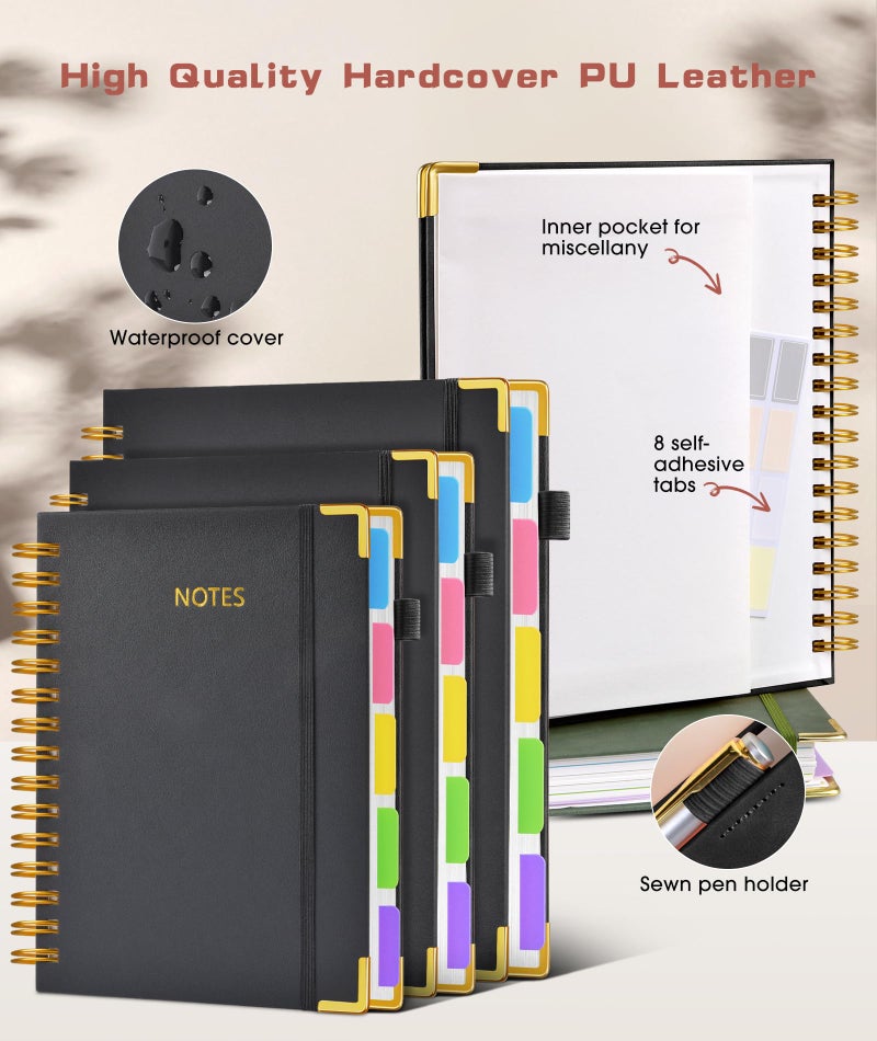 dilitego Hardcover Spiral Notebook 8.5"x11" Journal with Removable Dividers Tabs, 300 Pages Leather 5 Subject Notebook College Ruled, Large A4 Notebooks for Work School, Lined Journal for Women, A4 Black - Image 2