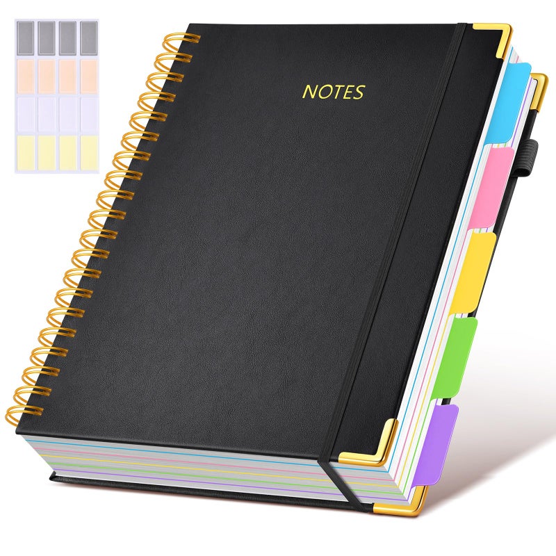 dilitego Hardcover Spiral Notebook 8.5"x11" Journal with Removable Dividers Tabs, 300 Pages Leather 5 Subject Notebook College Ruled, Large A4 Notebooks for Work School, Lined Journal for Women, A4 Black - Image 1
