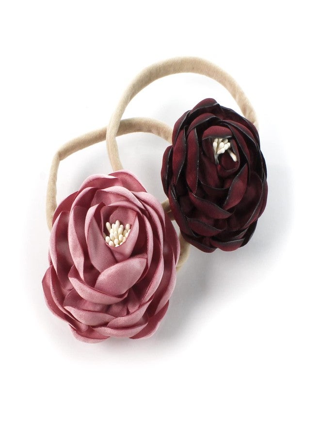 My Lello Baby Girl Ranunculus Flower Stretchy Nylon Elastic Headbands Set 2pcs - Small - Rosy Mauve/Burgundy - Image 1