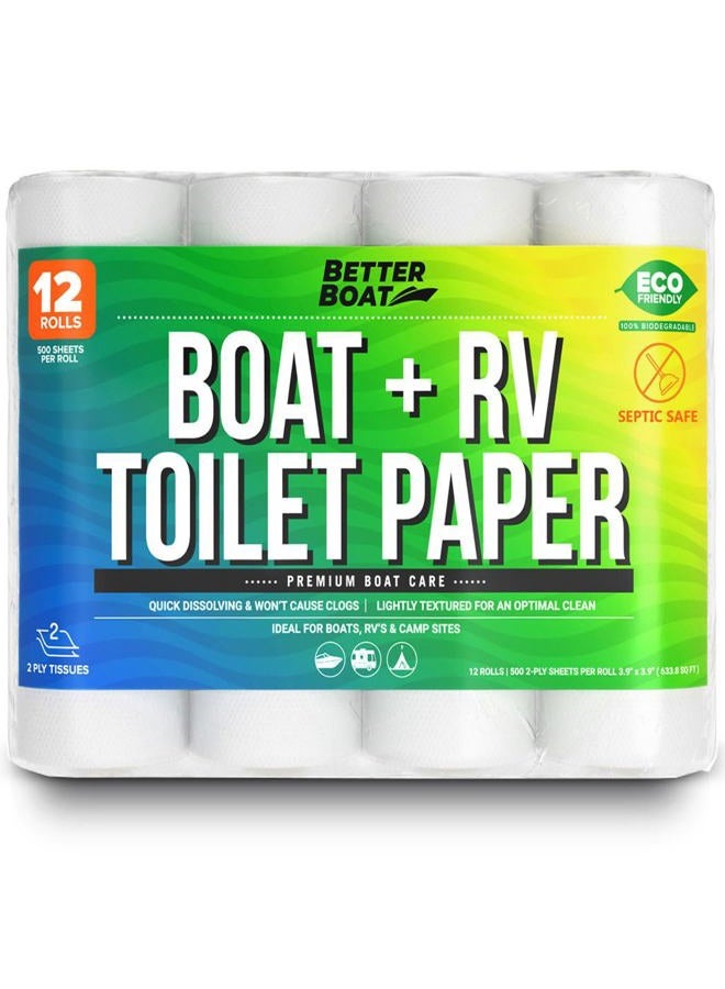 Better Boat ورق تواليت للقوارب والمركبات الترفيهية، آمن للصرف الصحي، يذوب بسرعة، 12 لفة فردية، قابل للتحلل البيولوجي 2-طبقة للأنظمة البحرية والسفر والتخييم، عبوة كبيرة آمنة لخزانات التخييم - Image 1