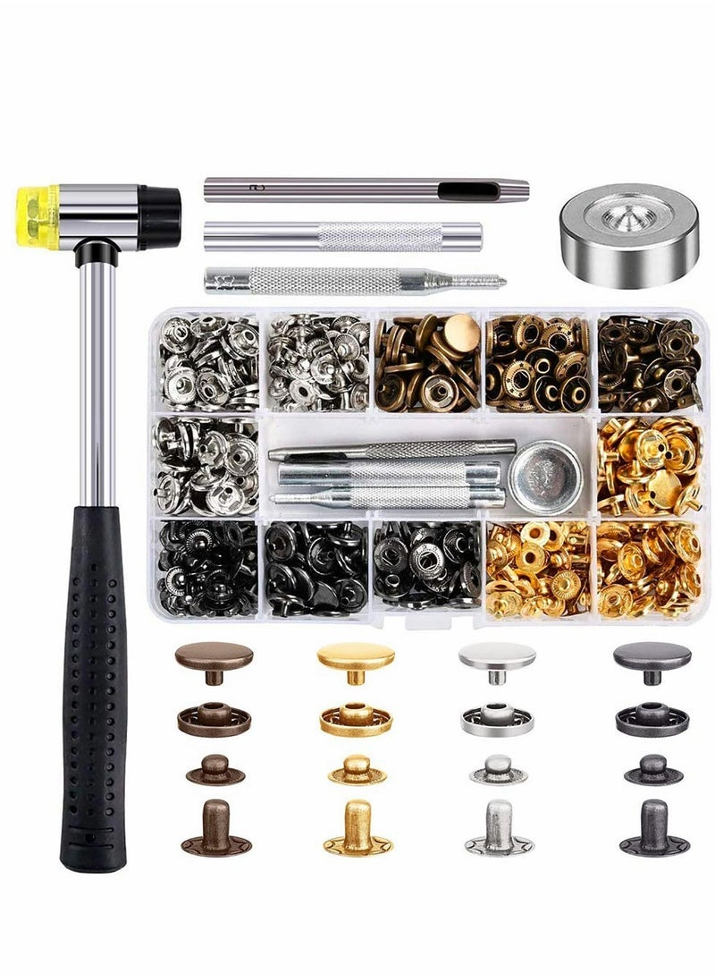 Snap Fasteners Kit for Leather, 120 Set 12mm Metal Button Snaps Press Studs with 4 Setter Tools, 1 Hammer, Color Leather Clothes, Jackets, Jeans Wears, Bracelets, Bags