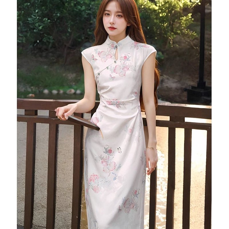 New Chinese Style Printed Improved Cheongsam Young Style Slimming And Whitening Slit Long Dress For Women 2025 Summer - Image 1