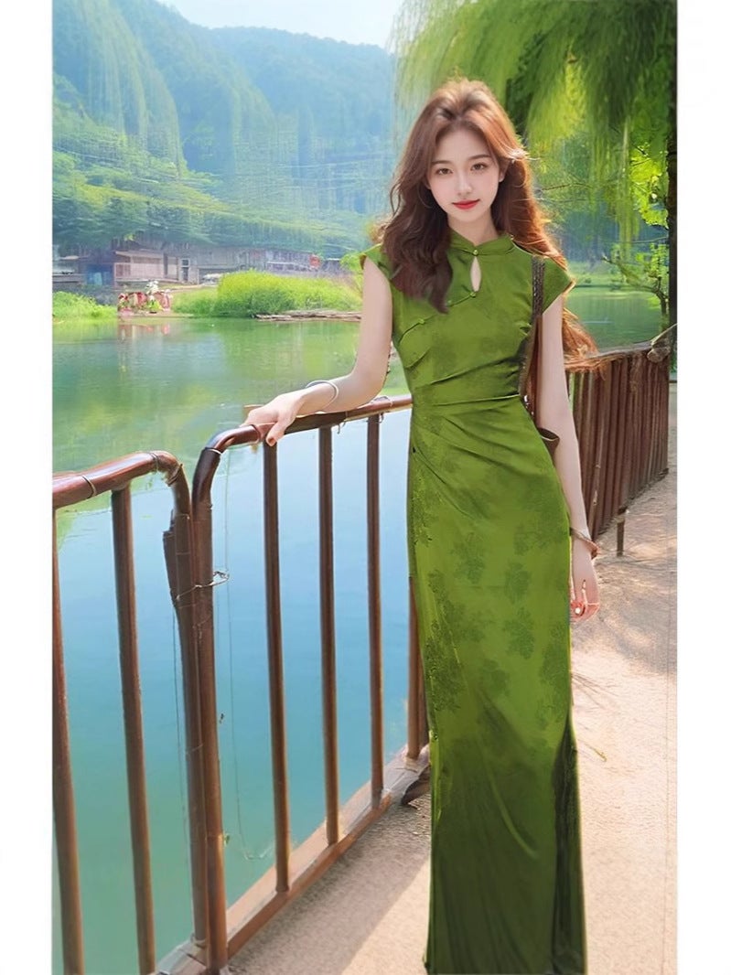 New Chinese Style Printed Improved Cheongsam Young Style Slimming And Whitening Slit Long Dress For Women 2025 Summer - Image 2
