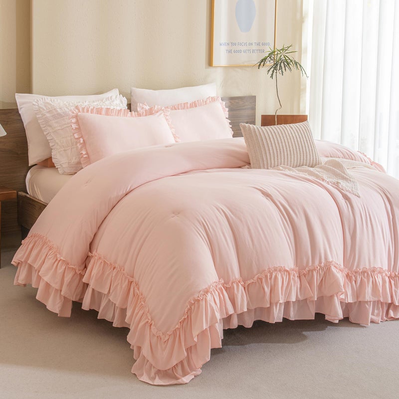 Masaca Blush Pink Comforter Set QueenFarmhouse Shabby Boho Chic ComforterVintage Rustic Soft Microfiber Down Alternative Bedding Comforter Set 3PCS1 Ruffled Comforter and 2 Pillowcases