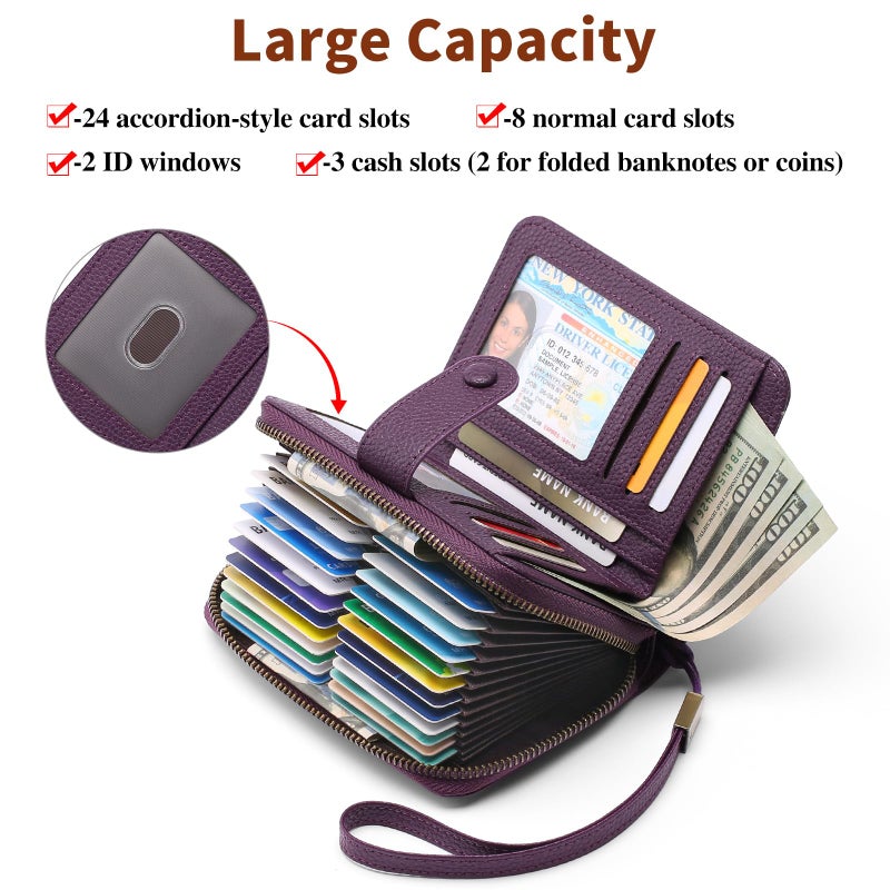 GAEKEAO Leather Credit Card Holder Wallet for Women RFID Blocking Large Capacity Bifold Zipper Card Case Organizer with Wristlet 32 Slots - Image 2