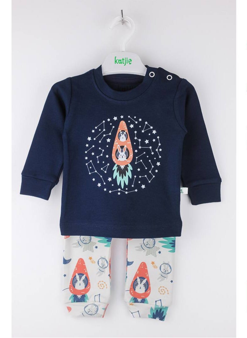 كاتجي طقم بيجامة بتصميم فضاء للبيبي، قطن ١٠٠٪ - Image 1