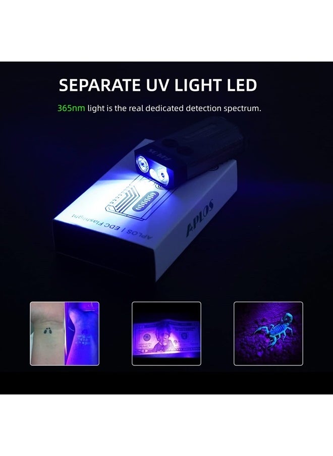 L02 1000 Lumens Rechargeable Mini EDC Flashlight, 365nm UV Light, Multi-Color Light Source, Small Pocket Keychain Light with Magnetic Base & Beeping Alarm (White)