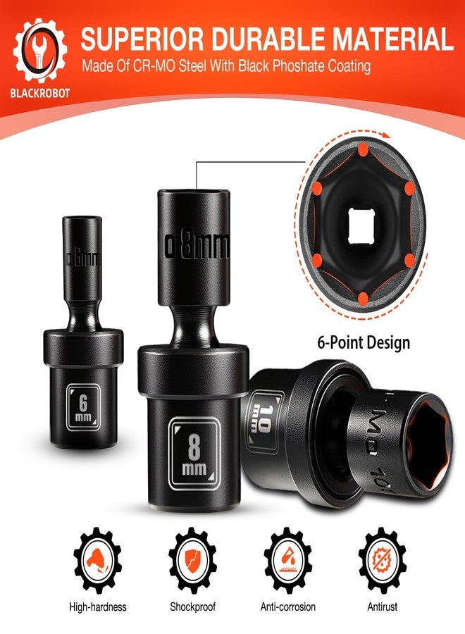 BLACKROBOT 1/4" Drive Universal Impact Socket Set, 16-Pieces Swivel Socket Set, Metric(5-15mm) Flexible Wobble Socket Set, 2", 6" Extension Bars, Socket Adapter, 6 Point, CR-MO - Image 5