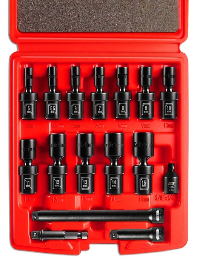 BLACKROBOT 1/4" Drive Universal Impact Socket Set, 16-Pieces Swivel Socket Set, Metric(5-15mm) Flexible Wobble Socket Set, 2", 6" Extension Bars, Socket Adapter, 6 Point, CR-MO - Image 1
