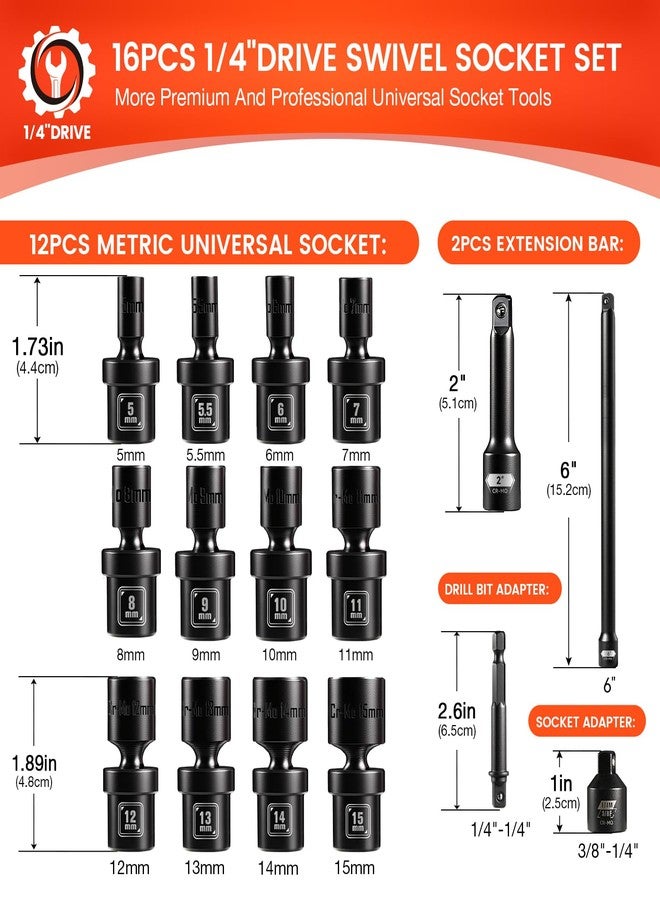BLACKROBOT 1/4" Drive Universal Impact Socket Set, 16-Pieces Swivel Socket Set, Metric(5-15mm) Flexible Wobble Socket Set, 2", 6" Extension Bars, Socket Adapter, 6 Point, CR-MO - Image 2