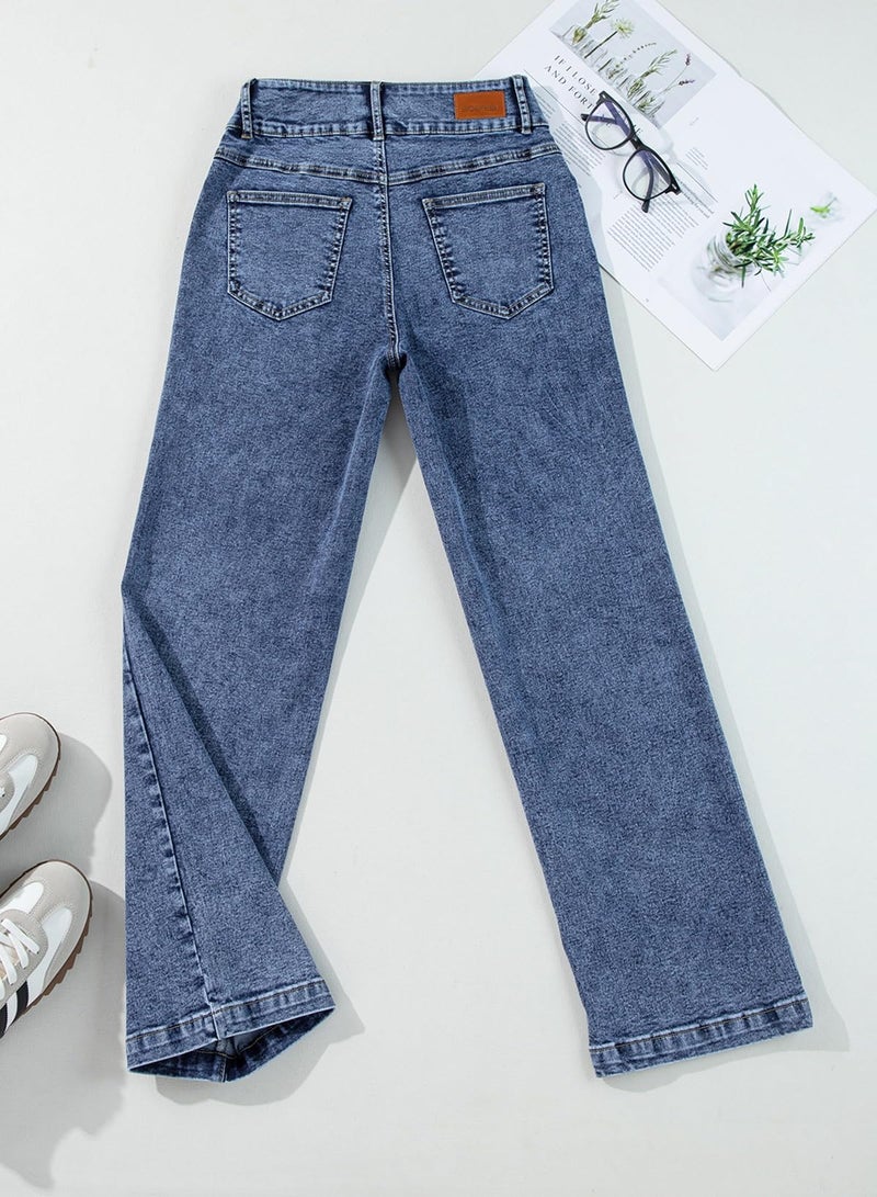 Sidefeel Women's Wide Leg Jeans High Waisted Straight Leg Stretchy Zimbaplatinum Trendy Loose Denim Pants Blue Size 16 - Image 4