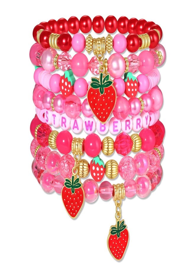VOGUEKNOCK Strawberry Bracelet for Women Crystal Heishi Beaded Stretchy Bracelet Stackable Strawberry Cake Friendship Bracelets Party Favors Accessories - Image 1