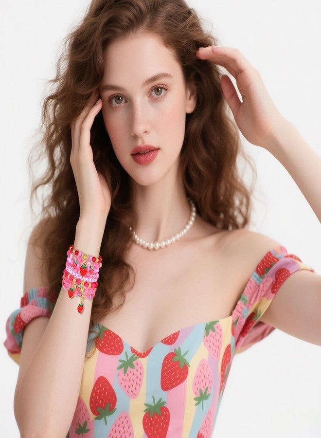 VOGUEKNOCK Strawberry Bracelet for Women Crystal Heishi Beaded Stretchy Bracelet Stackable Strawberry Cake Friendship Bracelets Party Favors Accessories - Image 3
